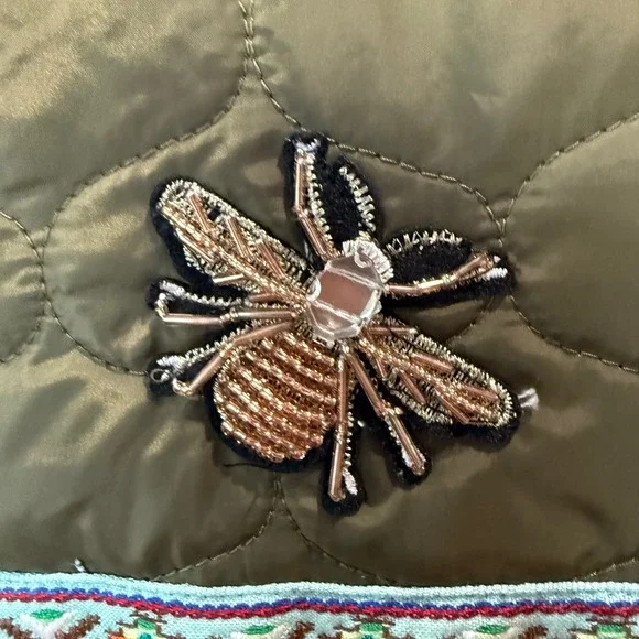 Lesal Upcycled Quilted Vest 2XL Olive Green Eagle Owl Beaded Bee Tapestry - Picture 8 of 8